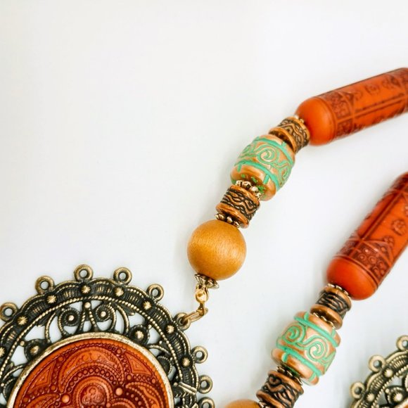 Lady Remington Vtg Necklace and Earring Set 26” Boho Wooden Beaded Jewelry - Picture 4 of 9